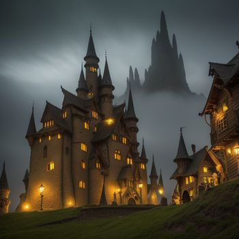 castle with a lot of windows and lights on it's sides and a foggy sky behind it