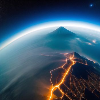 view of a mountain from space at night with lights on it and a bright glow on the ground