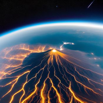 view of a volcano from space with lightning in the foreground and a bright orange glow on the top of the volcano