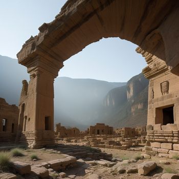 stone arch in a desert with mountains in the background and fog in the air above it