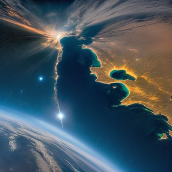 view of the earth from space with a bright sun in the background and a bright glow in the middle