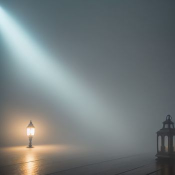 foggy night with a light on a street lamp and a lantern on a post light pole in the foreground