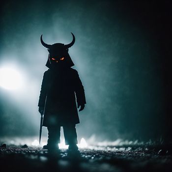 man in a horned mask standing in the dark with a cane in his hand and a cane in his other hand