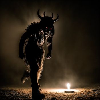 man dressed in a horned costume standing in the dark with a lit candle in the background and a boat in the foreground