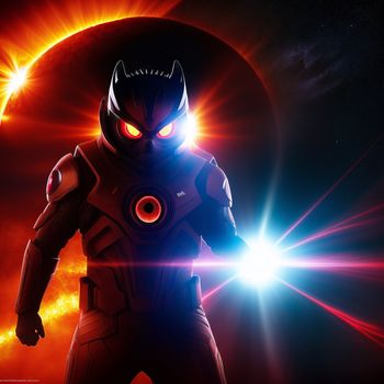 man in a space suit with a red light coming from his chest and a black mask on his face