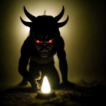 demon with red eyes and a demon like face is standing in the dark with a lit candle in front of him