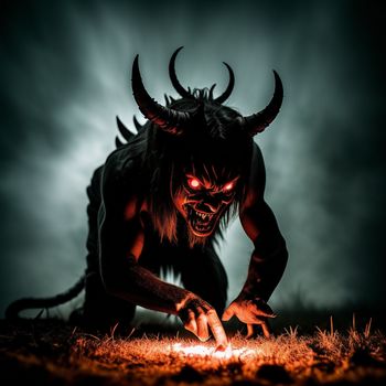 demon with horns and claws on his face is kneeling down in the grass with his hands on the ground