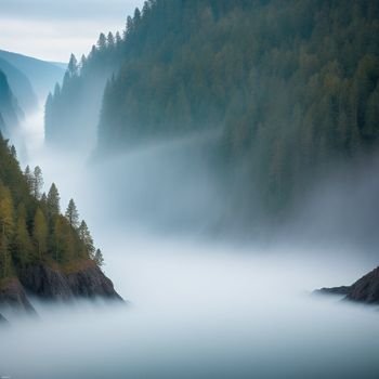 foggy forest with a mountain in the background and trees in the foreground