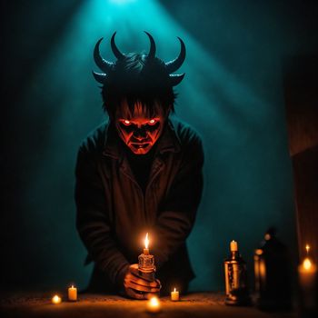 demon with horns and a candle in his hand in front of a table with candles on it and a bottle of liquor