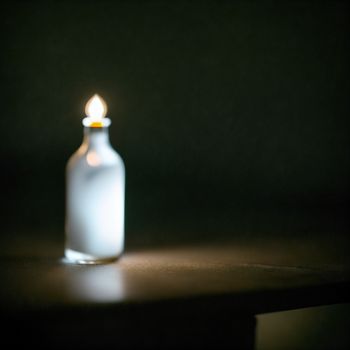 small bottle with a candle inside of it on a table top with a dark background and a light coming from the top