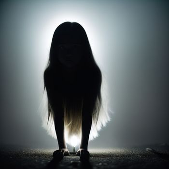 woman with long hair standing in the dark with her hands on her hips and her head down