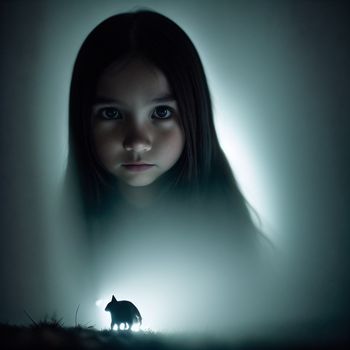 girl with long hair standing in a dark room with a light shining on her face and a wolf on the ground