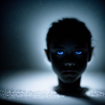 young girl with blue eyes is shown in the dark with a white background and a black background with a white border