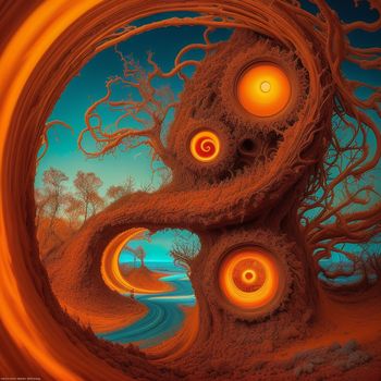 painting of a tree with orange circles around it and a blue sky in the background with a yellow circle