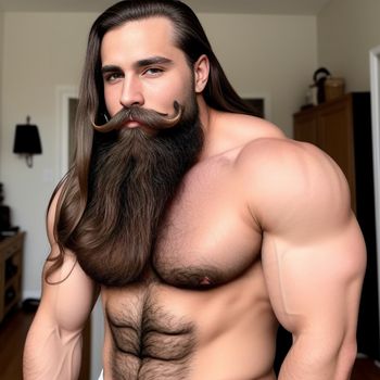 man with a long beard and a mustache on his head is posing for a picture in a living room