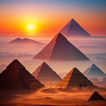 group of pyramids in the desert at sunset with fog in the air and a bright orange sky