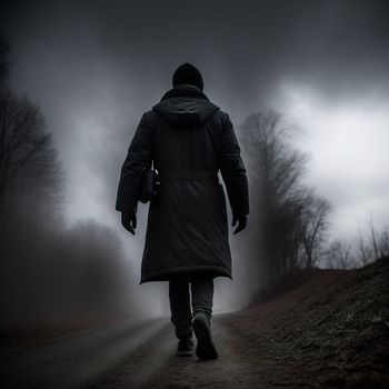 person walking down a road in the dark with a coat on and a hood on