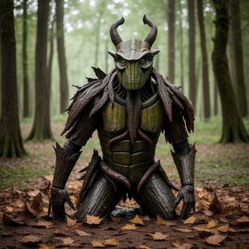 statue of a demon in a forest with leaves on the ground and trees in the background