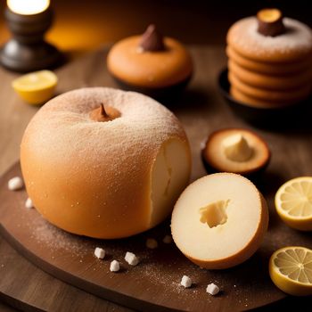 wooden cutting board topped with a sliced apple and a lemon slice next to it on a table next to cookies