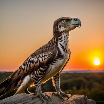 bird of prey standing on a rock at sunset or dawn with the sun in the background and trees in the foreground