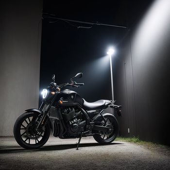 motorcycle parked in a dark room with a light on it's headlight on the back of it