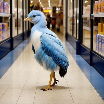 blue and white bird standing on a tiled floor in a store aisle with shelves of products in the background