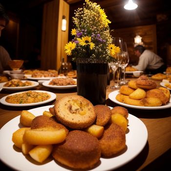 table with plates of food and a vase of flowers on it with people sitting at a table in the background