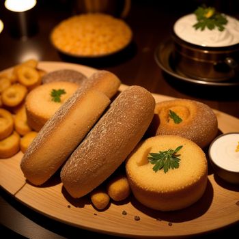 plate of food with bread and other foods on it on a table with candles and plates of food