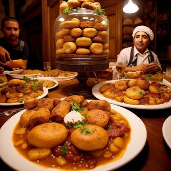 man sitting at a table with plates of food on it and a large glass jar of food in the background