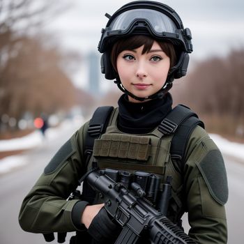 woman in a helmet and goggles holding a gun and a rifle in her hands while standing on a street