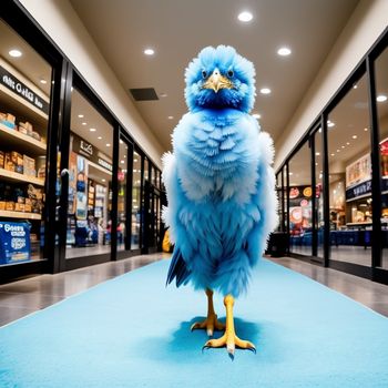 blue bird is standing on a blue carpet in a store aisle with shelves in the background and a blue carpet in the foreground