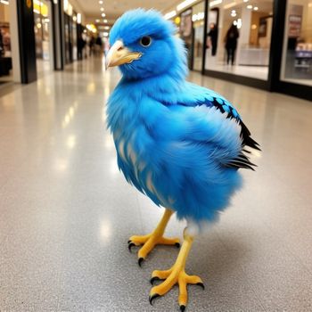 blue bird with yellow legs and a black beak is standing on a floor in a mall or mall