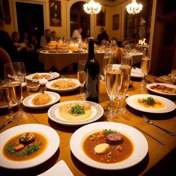 table with plates of food and wine glasses on it with people sitting at the table in the background