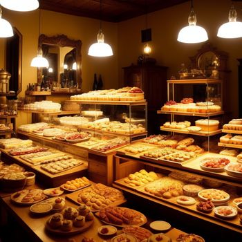 bakery filled with lots of different types of cakes and pies on display in a store window display