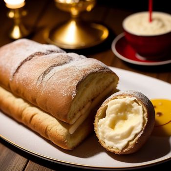 roll with cream on a plate with a cup of coffee and a spoon on the side of the plate