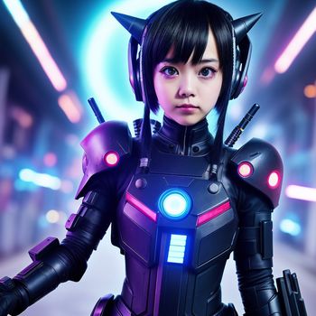 woman in a futuristic suit with a cat ears on her head and a scifi