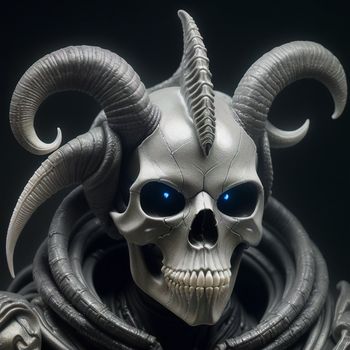 skull with horns and a skull head with blue eyes and horns on it's head