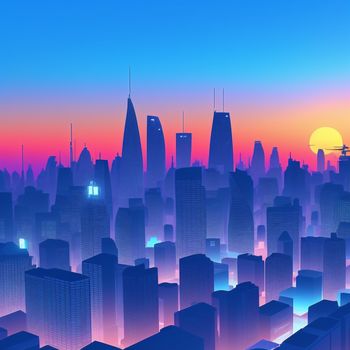 city skyline with skyscrapers and a plane flying over it at sunset or dawn with a bright orange and blue sky