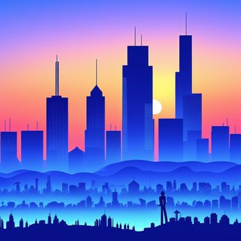 city skyline with tall buildings and a person standing on a hill at sunset or sunrise or sunset