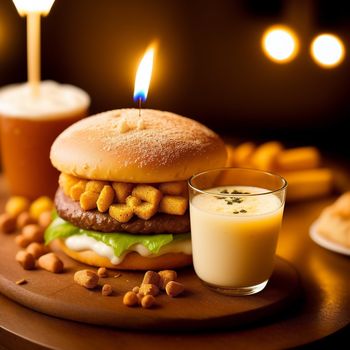 hamburger with a candle on top of it next to a glass of milk and some peanuts on a plate