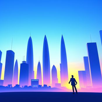 man standing in front of a city skyline with skyscrapers in the background at sunset or dawn