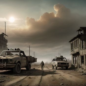 man walking down a dirt road next to a truck and a building with a sky background and a person walking away