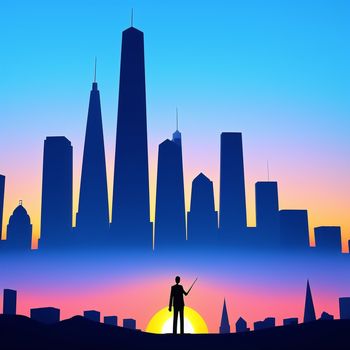 man standing in front of a city skyline at sunset with a fishing rod in his hand and a fishing rod in his other hand