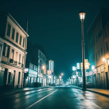 street at night with a street light on the side of the road and buildings on the other side