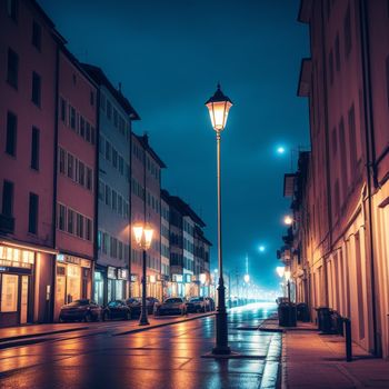 street with a lamp post and cars parked on the side of it at night time with a street light on