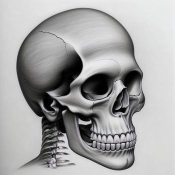 drawing of a human skull with a lower jaw and lower jaw visible in the upper half of the skull