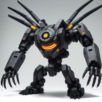 robot with a glowing eye and large claws on it's face and arms