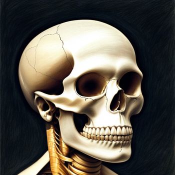 painting of a skeleton with a skeleton's head and neck exposed and bones exposed in the upper half