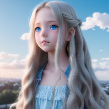 doll with long blonde hair and blue eyes is standing in front of a blue sky with clouds and a city