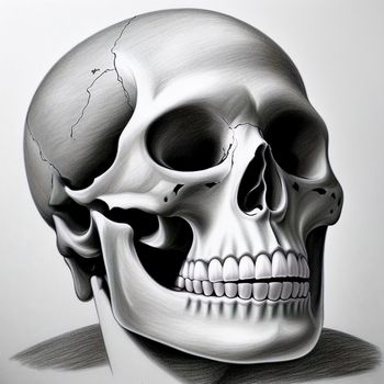 drawing of a skull with a torn jaw and a torn jaw on it's face